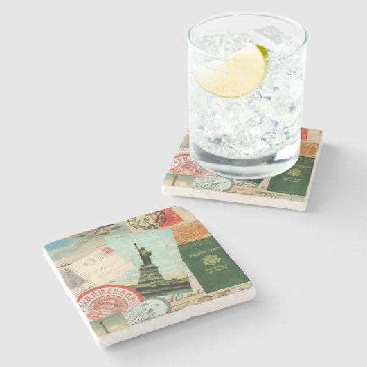 moderne Vintage Reisecollage Steinuntersetzer (Seitenansicht)