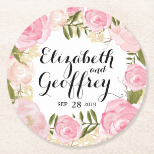 Moderne Vintage-Rosa-Blumen Hochzeit Personalisier Runder Pappuntersetzer