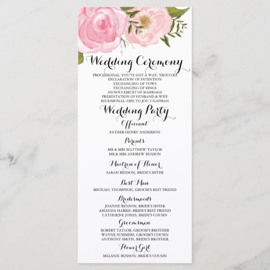 Moderne Vintage-Rosa Blumen-Hochzeitsprogrammkarte Programm (Vorderseite)