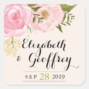 Moderne, Vintage Rosa-Flora Hochzeit Gewohnter Gef Quadratischer Aufkleber
