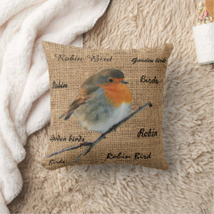 Moderne Vintage-Rotkehlchen-Vogel-Jute-Schrift Kissen