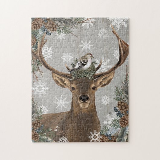moderne Vintage rustikale Waldwinterrotwild Puzzle (Vertikal)