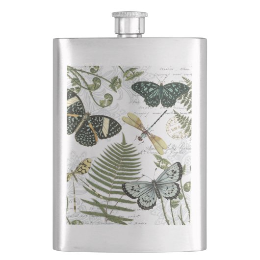 moderne Vintage Schmetterlinge und Libellen Flachmann (Vorderseite)