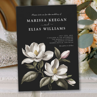 Moderne Vintage Schwarz-Weiß-Magnolia-Hochzeit Einladung