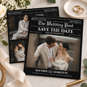 Moderne Vintage Schwarz-Weiß-Zeitungs-Hochzeit Save The Date