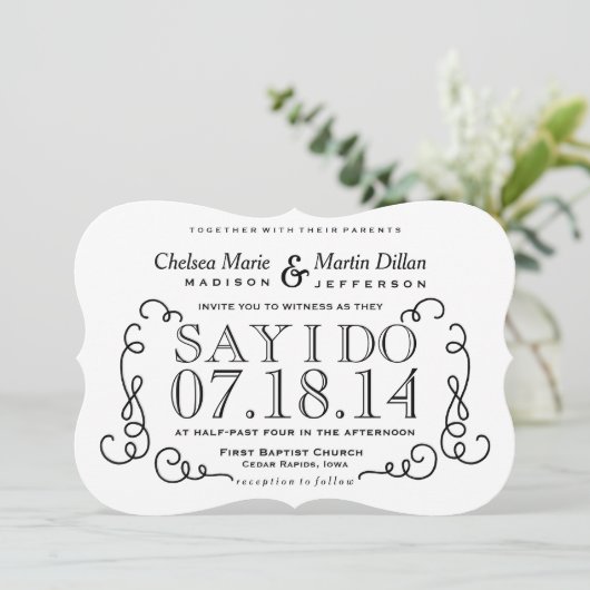 Moderne Vintage Scroll Hochzeitsvorlage Einladung (Stehend Vorderseite)