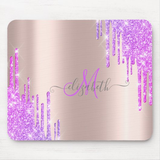 Moderne Violet Glitzer Tropfen Rose Gold Monogram Mousepad (Vorne)