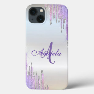 Moderne Violet-Glitzer-Tropfen, Silber, Monogramm Case-Mate iPhone Hülle