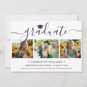 Moderne violette 3-Foto-Collage-Script-Abschluss Ankündigung (Vorderseite)
