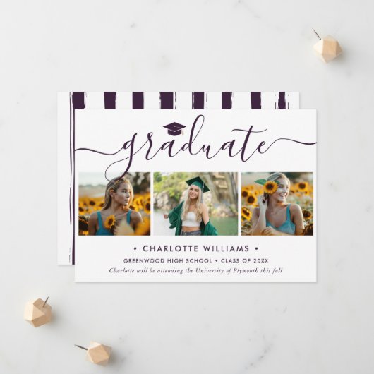 Moderne violette 3-Foto-Collage-Script-Abschluss Ankündigung (Vorderseite/Rückseite Beispiel)