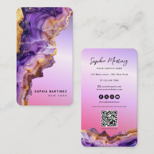Moderne violette Achat-Goldmarmor- & QR-Code-Logo Visitenkarte (Vorne/Hinten)