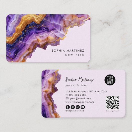 Moderne violette Achat-Goldmarmor & QR-Code-Logo Visitenkarte (Vorne/Hinten)