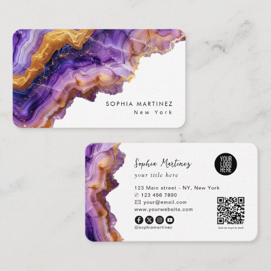 Moderne violette Achat-Goldmarmor- & QR-Code-Logo Visitenkarte (Vorne/Hinten)
