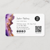 Moderne violette Achat-Goldmarmor- & QR-Code-Logo Visitenkarte (Rückseite)