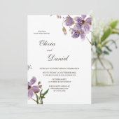 Moderne, violette Blumen zum Hochzeitsempfang Einladung (Stehend Vorderseite)