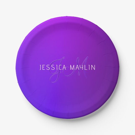 Moderne violette Farbverlauf-Name & Monogramm Pappteller (Vorderseite)