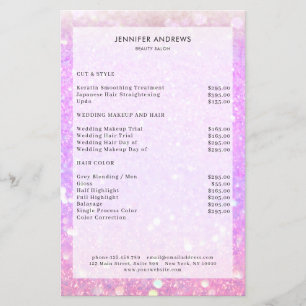 Moderne violette Glitter-Salon-Preisliste Flyer