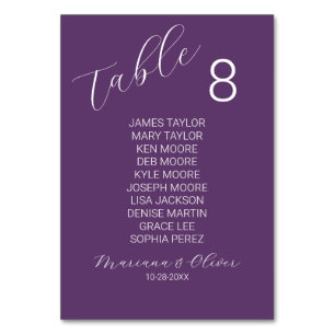 Moderne violette Tischnummerkarte mit Namen Tischnummer