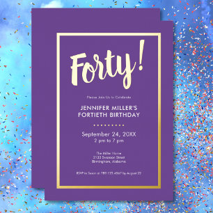 Moderne violette und goldene Folie 40. Geburtstag Folieneinladung