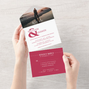 Moderne Viva Magenta im Weißen Foto Hochzeit All In One Einladung