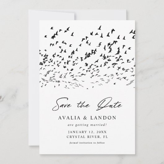Moderne Vögel einer feather Black and White Weddin Save The Date (Vorderseite)