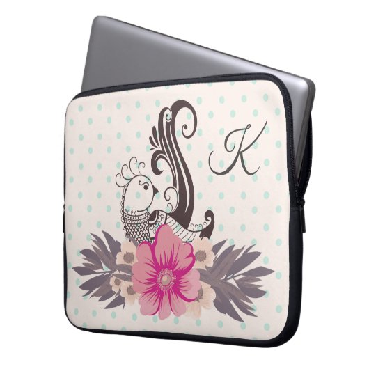 Moderne Vogel und Flora Dotty Mit Monogramm Laptopschutzhülle (Vorderseite Links)