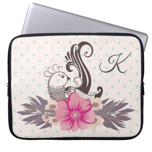 Moderne Vogel und Flora Dotty Mit Monogramm Laptopschutzhülle (Vorderseite)
