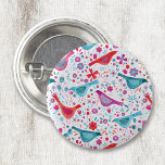 Moderne Vogelflorenfarbe Button<br><div class="desc">Moderne und zeitgenössische Aquarellvögel und Blume in aquamarinem Grün,  Magenta Rosa und Rot auf weißem Hintergrund. Originelle Kunst von Nic Squirrell.</div>