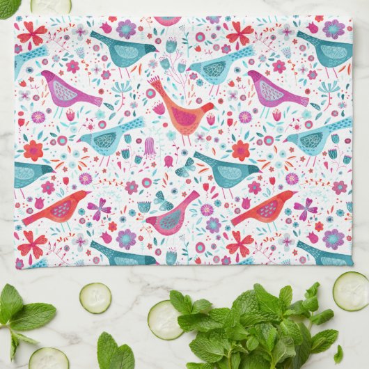 Moderne Vogelflorenfarbe Geschirrtuch (Gefaltet)