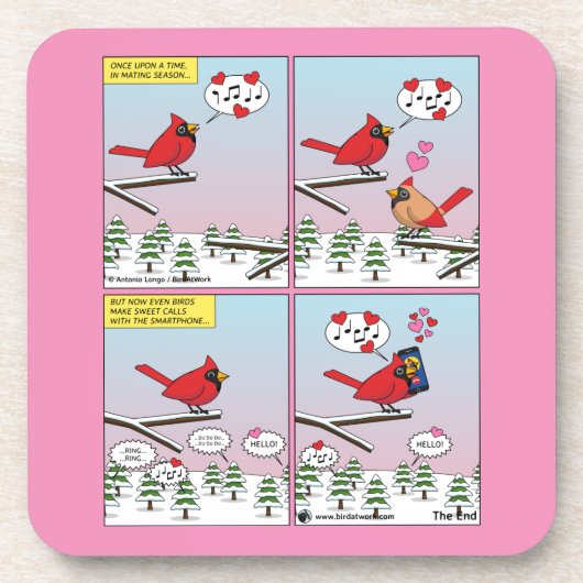 Moderne Vogelpaarung ruft Comic auf Getränkeuntersetzer (Vorderseite)