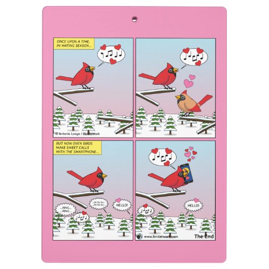 Moderne Vogelpaarung ruft Comic auf Klemmbrett (Rückseite)