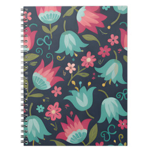 Moderne Volkskunst Blumen - Teal- und Korallglocke Notizblock