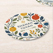 Moderne Volkskunst Shana Tovah Botanisch Runder Pappuntersetzer (Angewinkelt)
