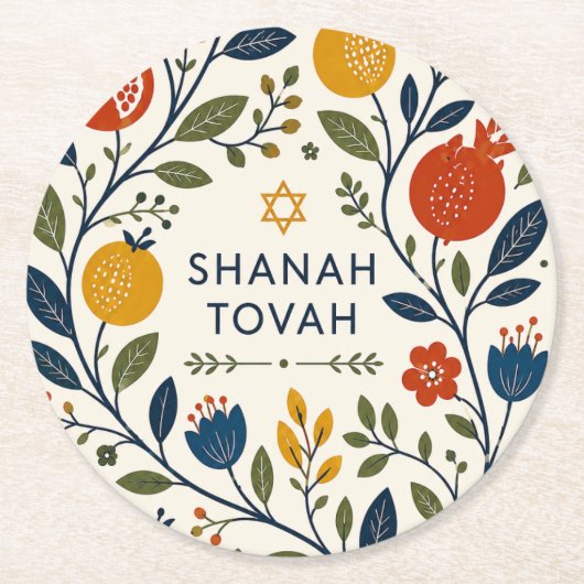 Moderne Volkskunst Shana Tovah Botanisch Runder Pappuntersetzer (Vorderseite)