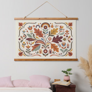 Moderne volkstümliche Herbst-Botanik-Geometrie Wandteppich Mit Holzrahmen