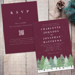 Moderne Wald Burgund QR-Code Winterhochzeit Einladung