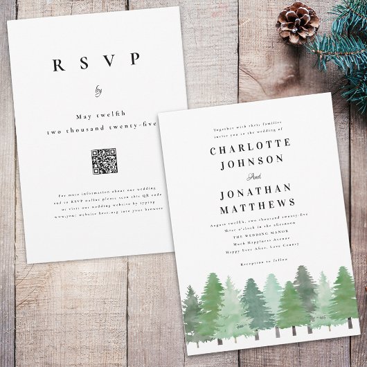 Moderne Wald QR-Code Winterhochzeit Einladung