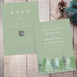 Moderne Wald-Wald-QR-Code-Sage-Grün-Hochzeit Einladung