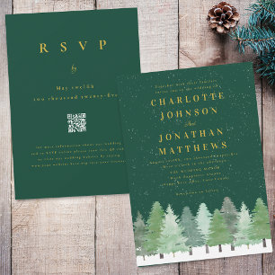 Moderne Waldgrün Gold QR Code Winterhochzeit Einladung