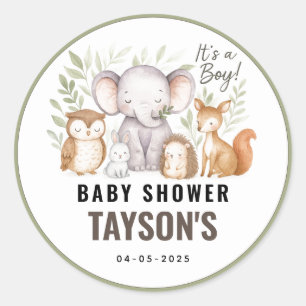 Moderne Waldtiere Wald Junge Baby Shower Runder Aufkleber
