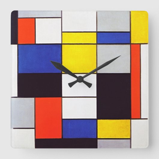 Moderne Wall-Uhr mit Piet Mondrian-Komposition Quadratische Wanduhr (Vorderseite)