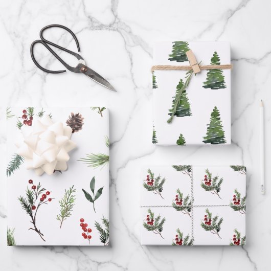 Moderne warme Rot Winter Wasserfarbe Geschenkpapier Set (Vorderseite)