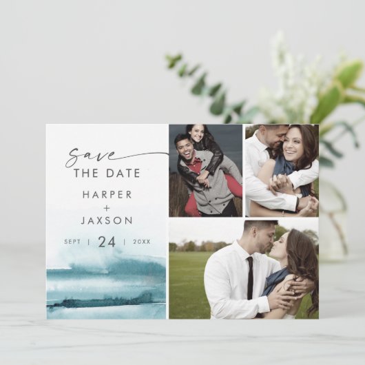 Moderne Wasserfarbe | Aquamarin 3 FotoCollage Save The Date (Stehend Vorderseite)