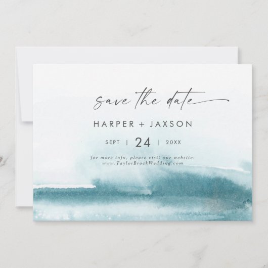 Moderne Wasserfarbe | Aquamarin Horizontal Save th Save The Date (Vorderseite)