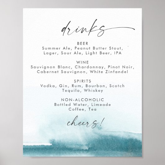 Moderne Wasserfarbe | Aquamarine Speisekarte für H Poster (Vorne)