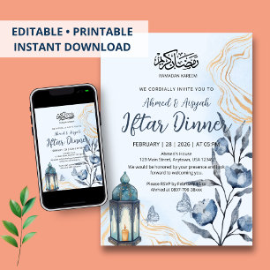 Moderne Wasserfarbe Blau Floral & Gold Iftar-Dinne Einladung
