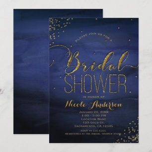 Moderne Wasserfarbe Blau Gold Konfetti BRIDAL SHOW Einladung
