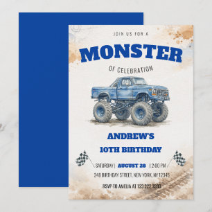 Moderne Wasserfarbe Blau Monster Truck Jungen Gebu Einladung