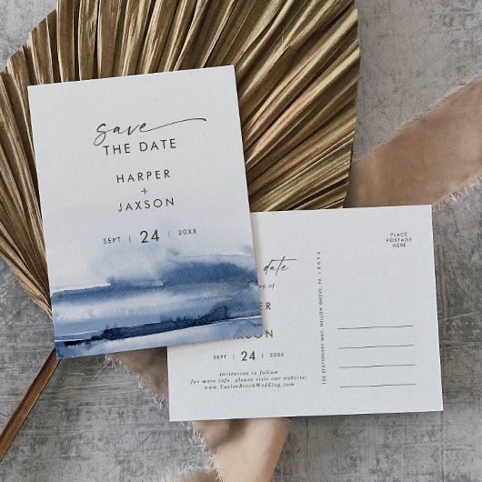 Moderne Wasserfarbe | Blau Save the Date Einladungspostkarte