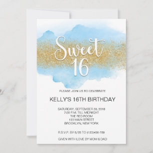 Moderne Wasserfarbe Blau Sweet 16 Sechzehn Einladung